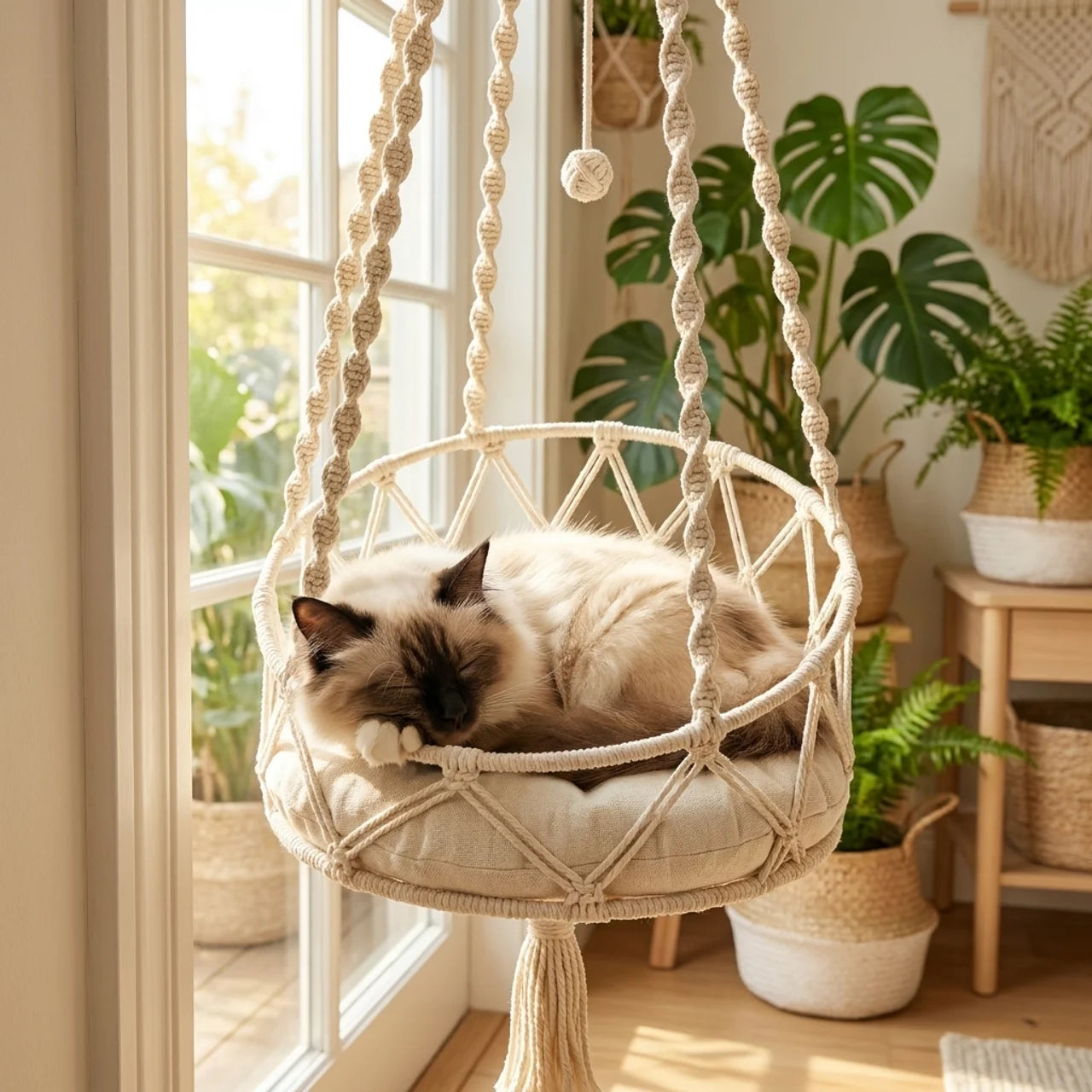 ScritchPets Macrame Hanging Cat Hammock with Cushion