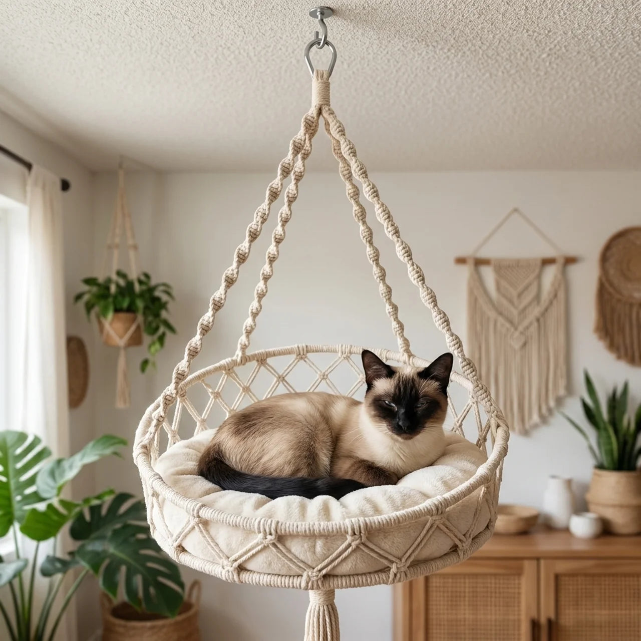 ScritchPets Macrame Hanging Cat Hammock with Cushion