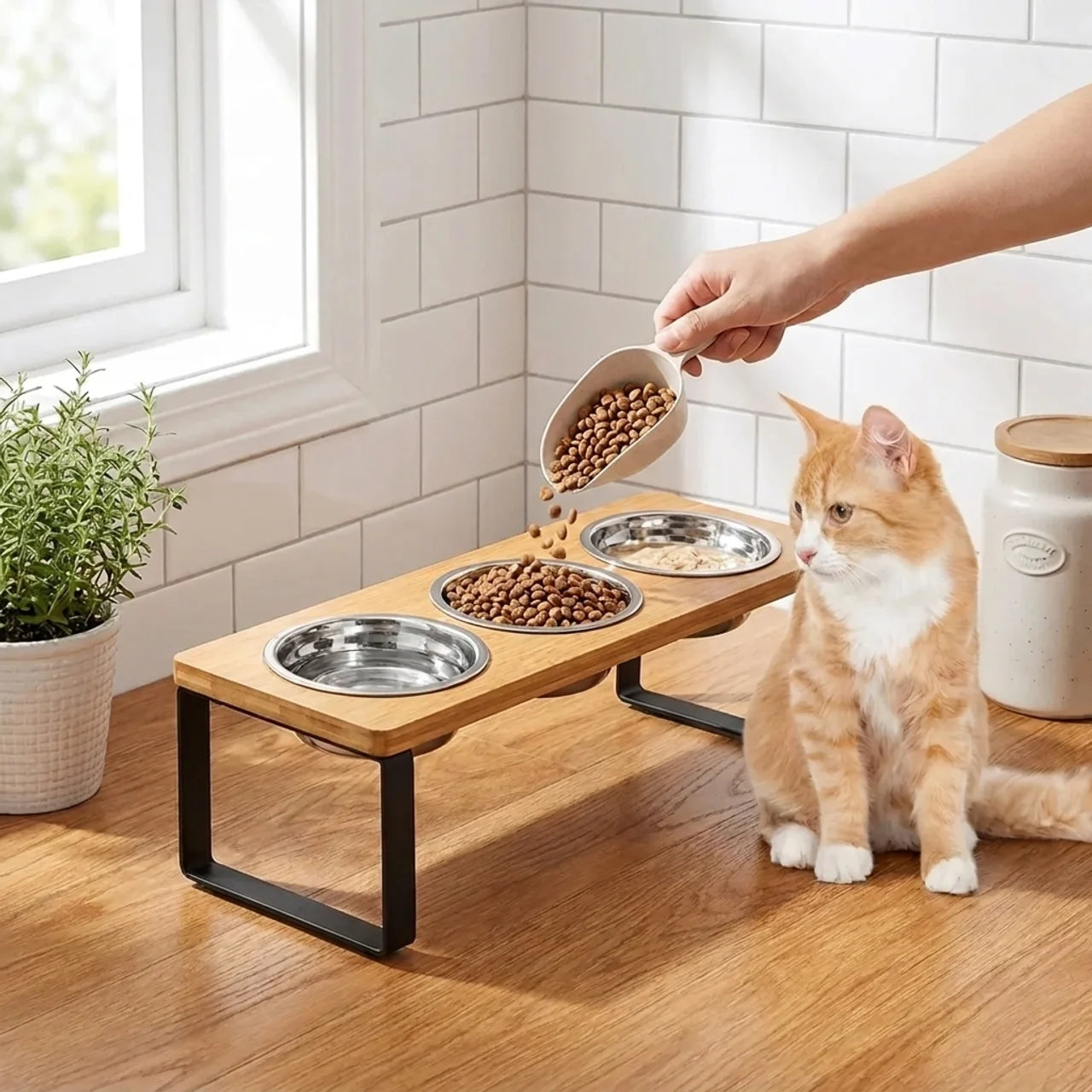 ScritchPets Wood and Iron Pet Feeding Rack with Bowls